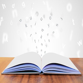 image of book with letters floating out