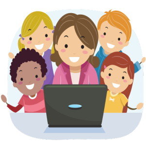 image of teacher and kids looking at laptop
