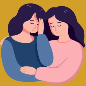 image of drawing of two sad women embracing
