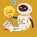 artificial intelligence robot with lightbulb and written notes for AI ideas